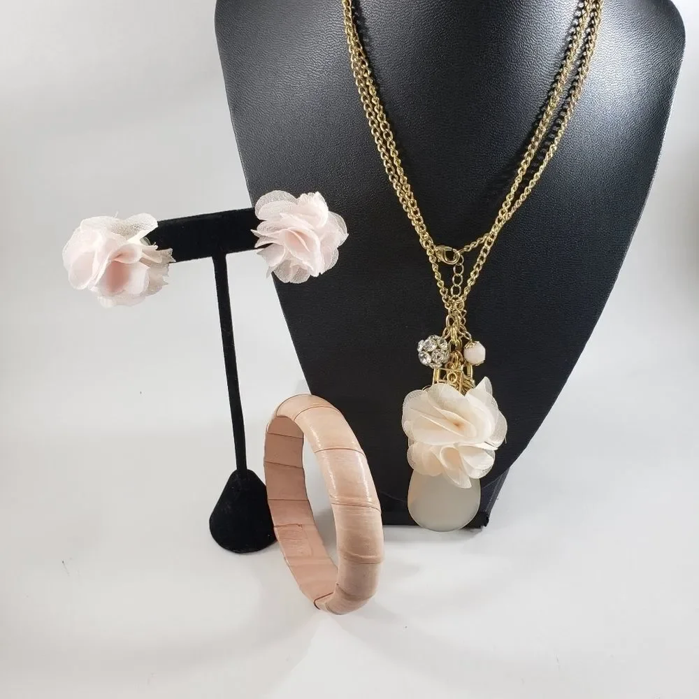 3 pc set pink poof flower earrings charm necklace - Picture 2 of 5